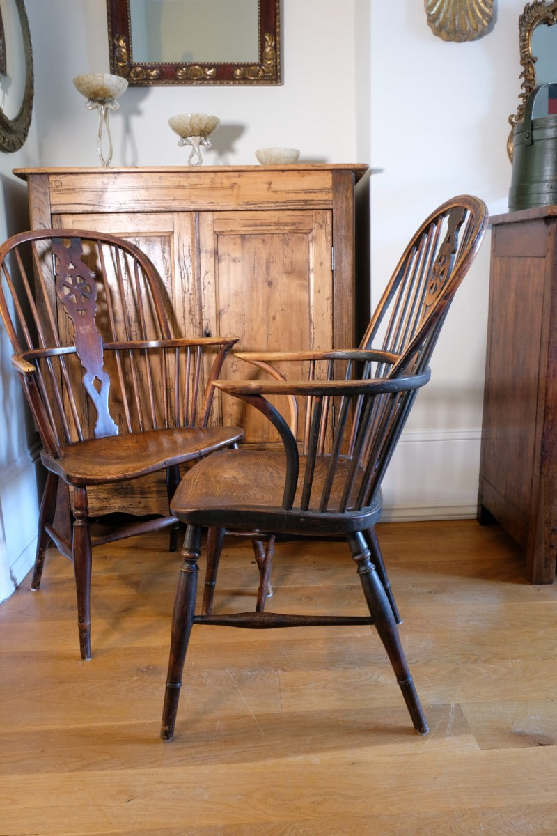 Pair 19th Century Windsor Wheelback Ash & Elm Armchairs