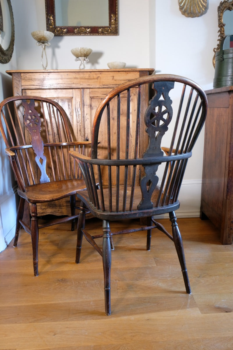 Pair 19th Century Windsor Wheelback Ash & Elm Armchairs