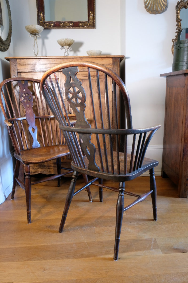 Pair 19th Century Windsor Wheelback Ash & Elm Armchairs