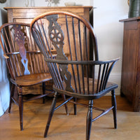 Pair 19th Century Windsor Wheelback Ash & Elm Armchairs