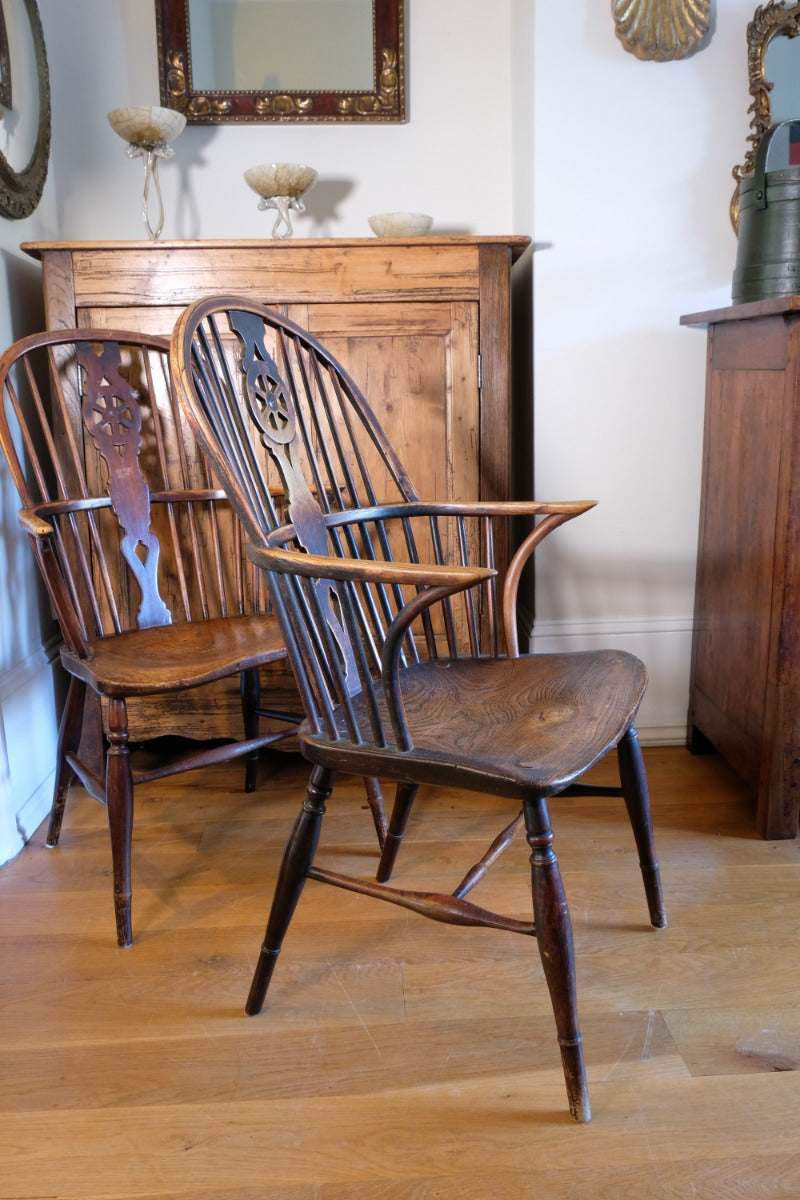 Pair 19th Century Windsor Wheelback Ash & Elm Armchairs