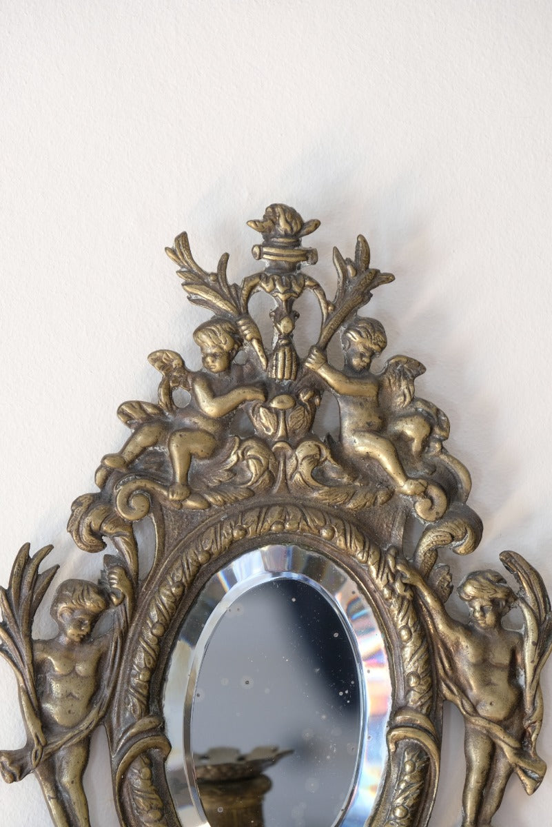 PAIR 19th Century Brass Girandole With Beveled Oval Mirror