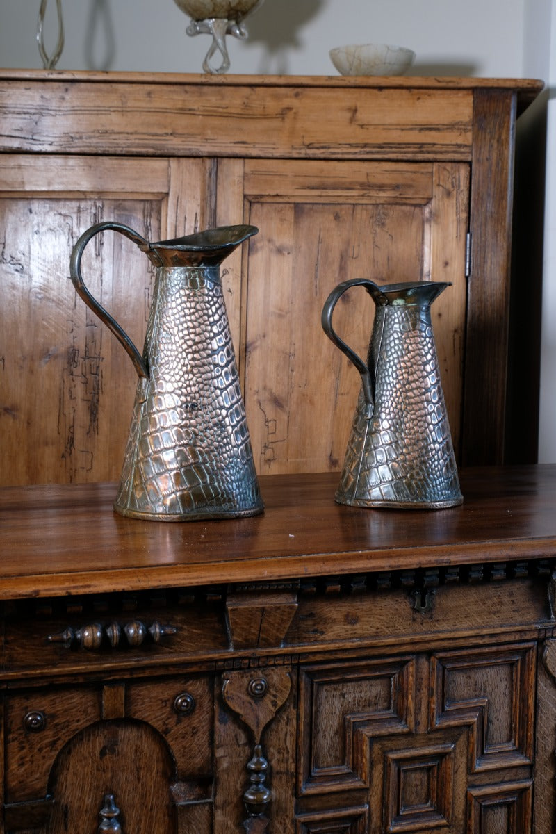 Pair Arts and Crafts Reptile Repousse Copper Jugs By Joseph Sankey & Sons