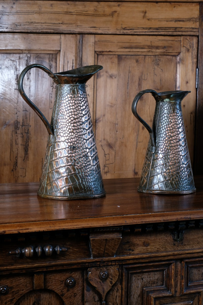 Pair Arts and Crafts Reptile Repousse Copper Jugs By Joseph Sankey & Sons