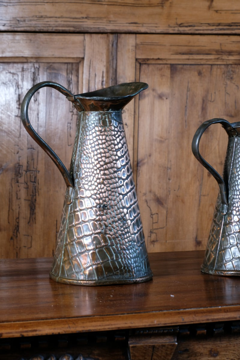 Pair Arts and Crafts Reptile Repousse Copper Jugs By Joseph Sankey & Sons