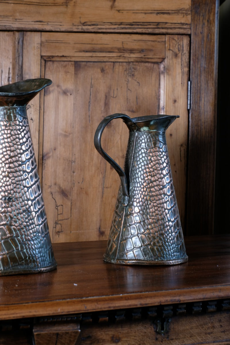 Pair Arts and Crafts Reptile Repousse Copper Jugs By Joseph Sankey & Sons