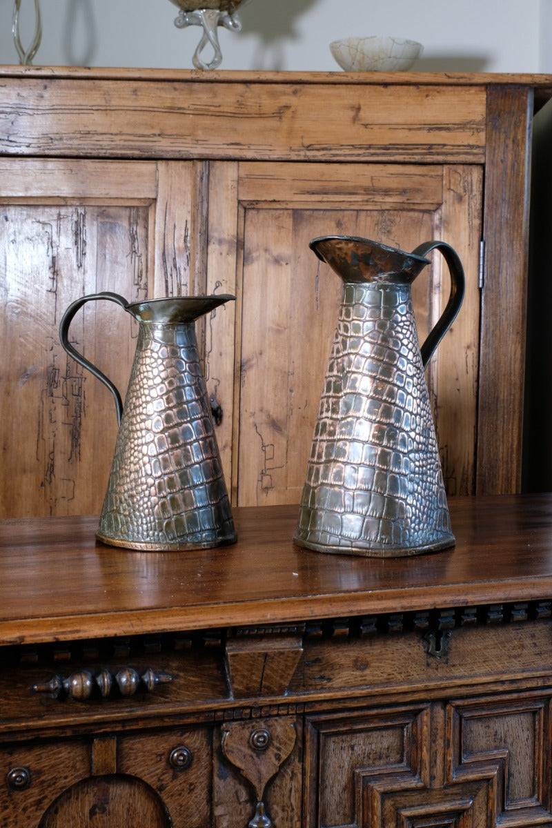 Pair Arts and Crafts Reptile Repousse Copper Jugs By Joseph Sankey & Sons