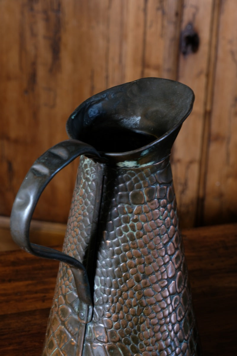 Pair Arts and Crafts Reptile Repousse Copper Jugs By Joseph Sankey & Sons