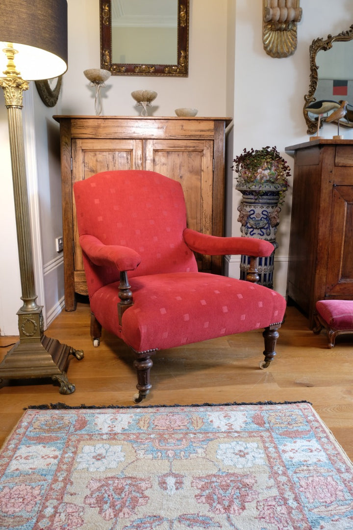 19th Century Open Arm Library Armchair With Serpentine Back and Original Castors