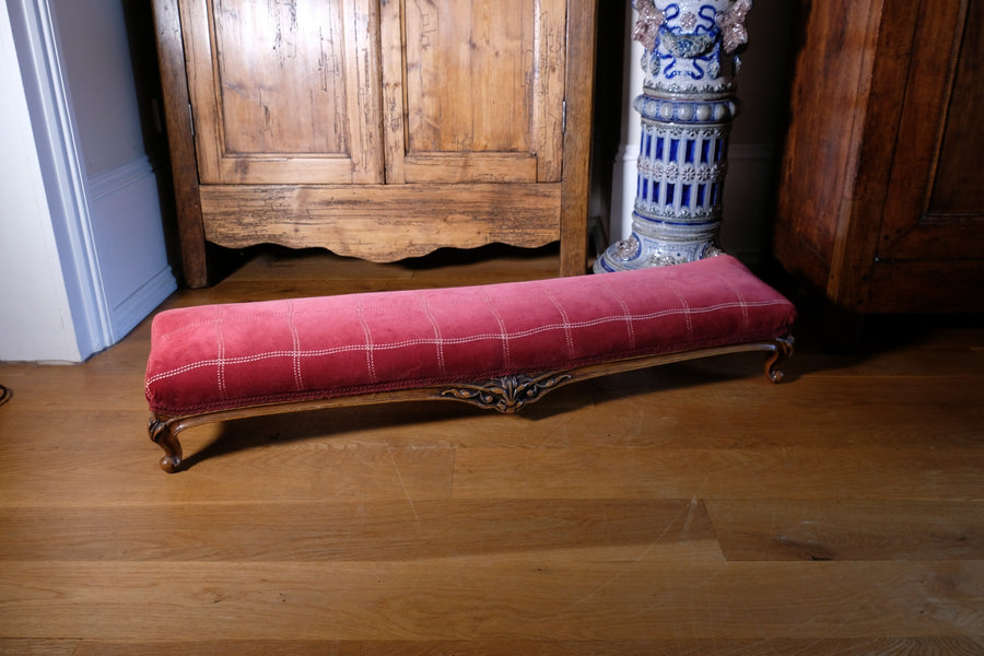 Early 1900's Carved Walnut Upholstered Foot Stool