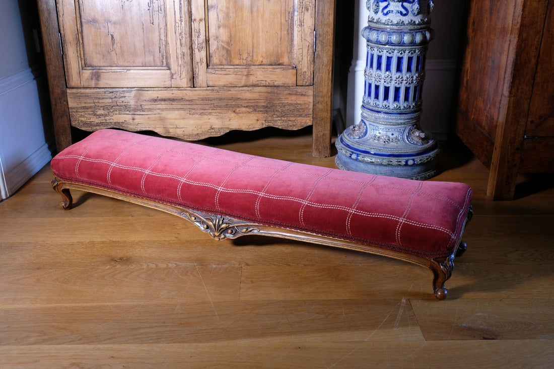 Early 1900's Carved Walnut Upholstered Foot Stool