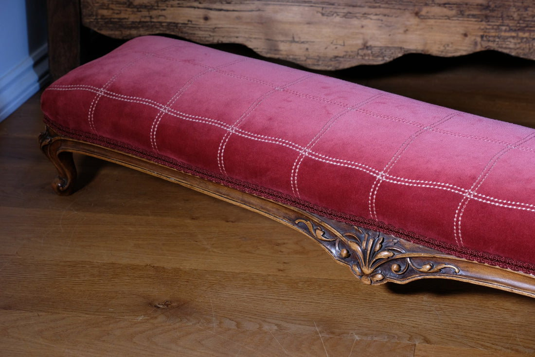 Early 1900's Carved Walnut Upholstered Foot Stool