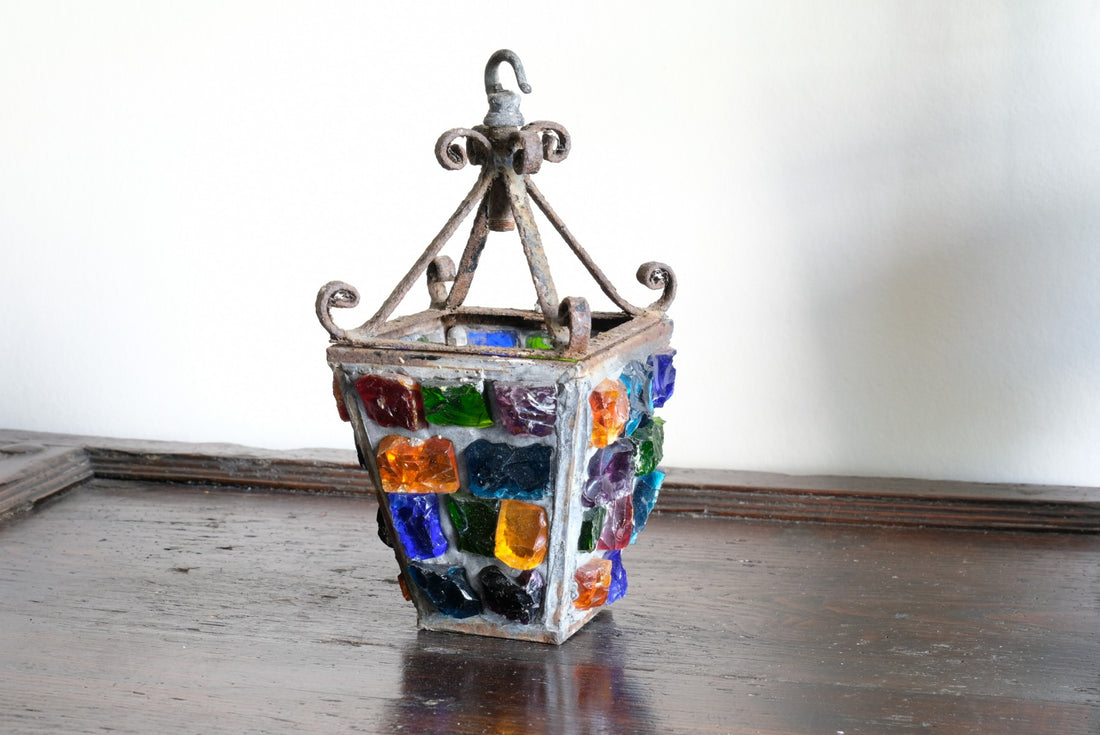 Cast Iron Multicoloured Chunk Glass Lantern