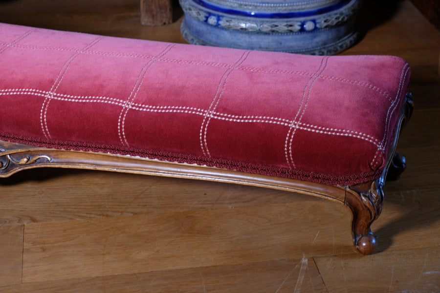 Early 1900's Carved Walnut Upholstered Foot Stool