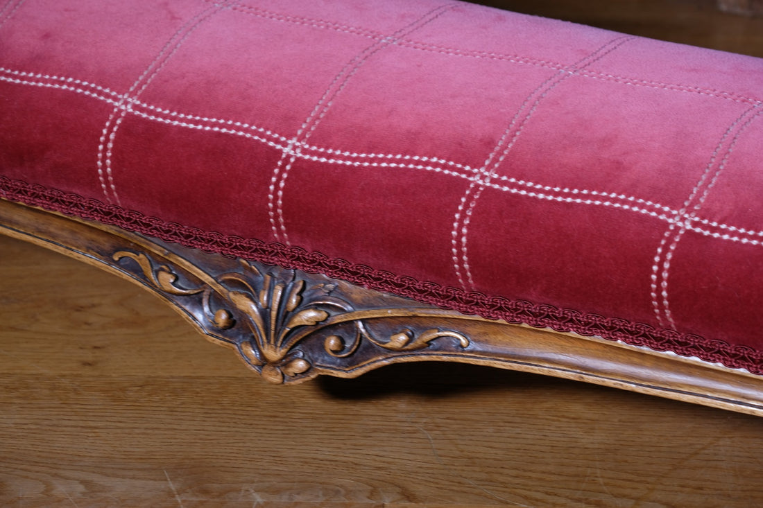 Early 1900's Carved Walnut Upholstered Foot Stool