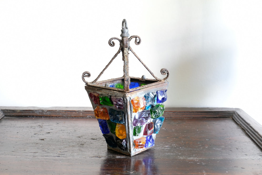 Cast Iron Multicoloured Chunk Glass Lantern