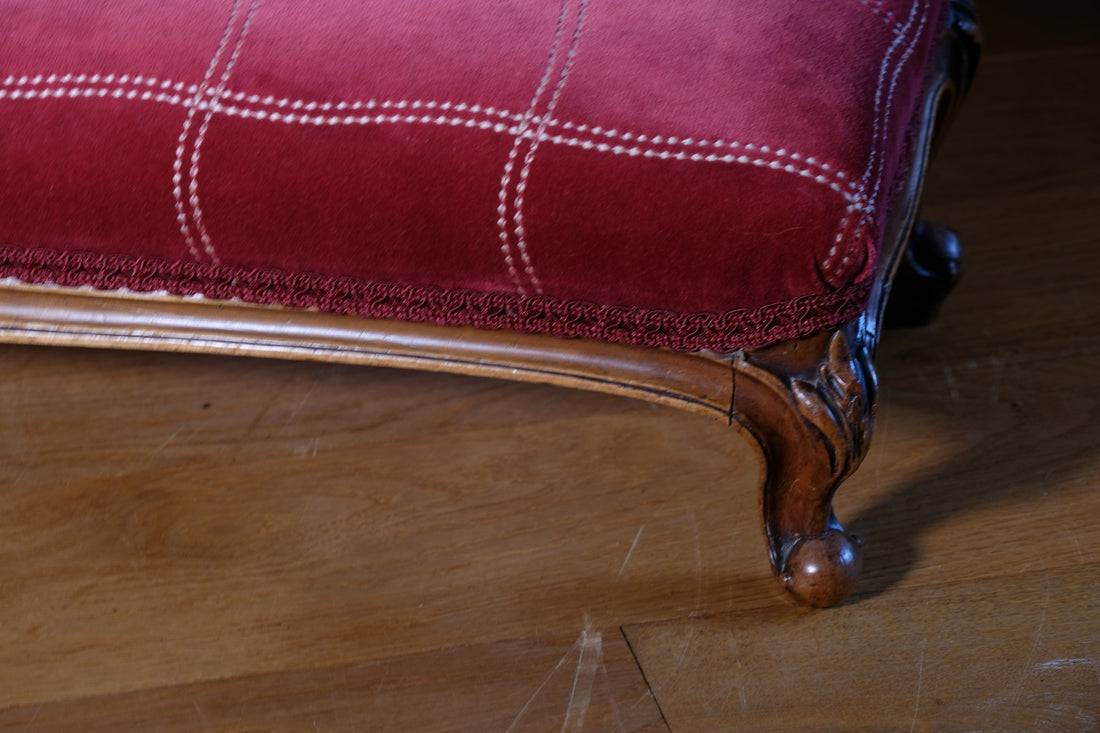 Early 1900's Carved Walnut Upholstered Foot Stool