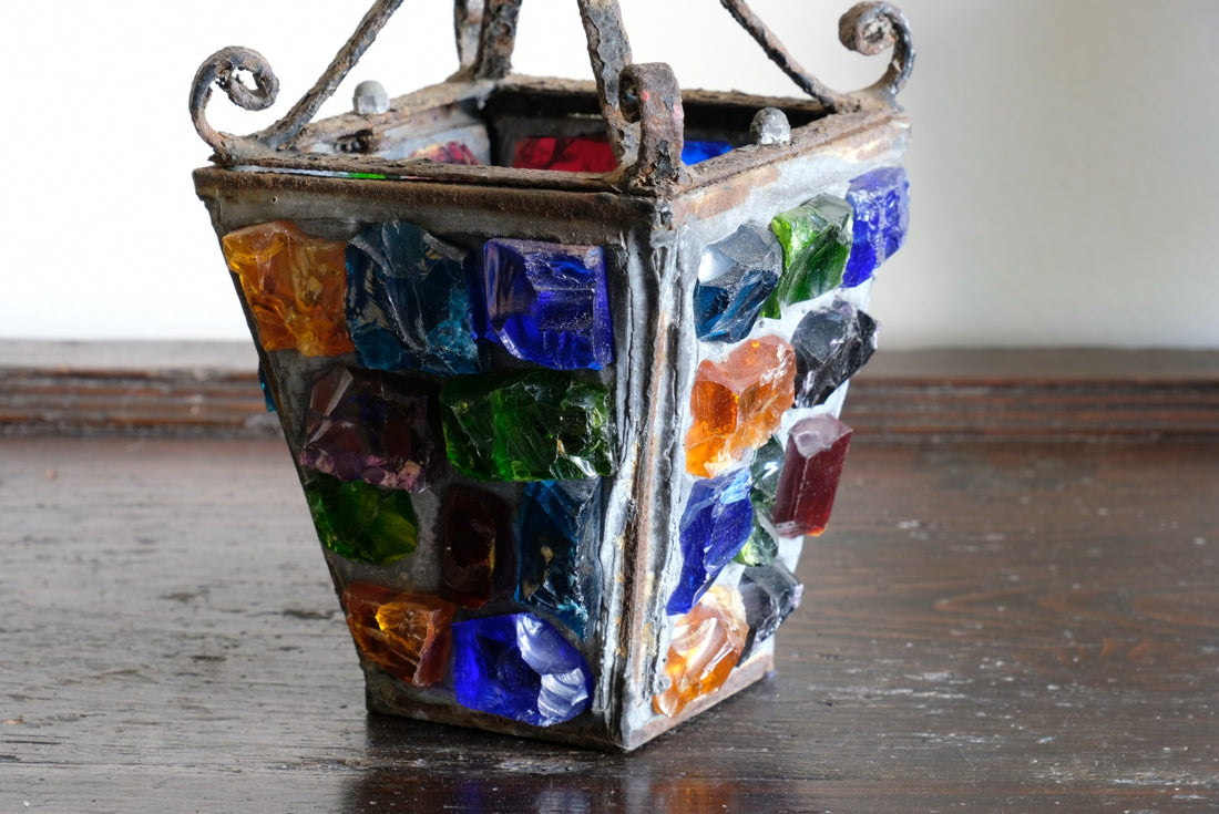 Cast Iron Multicoloured Chunk Glass Lantern