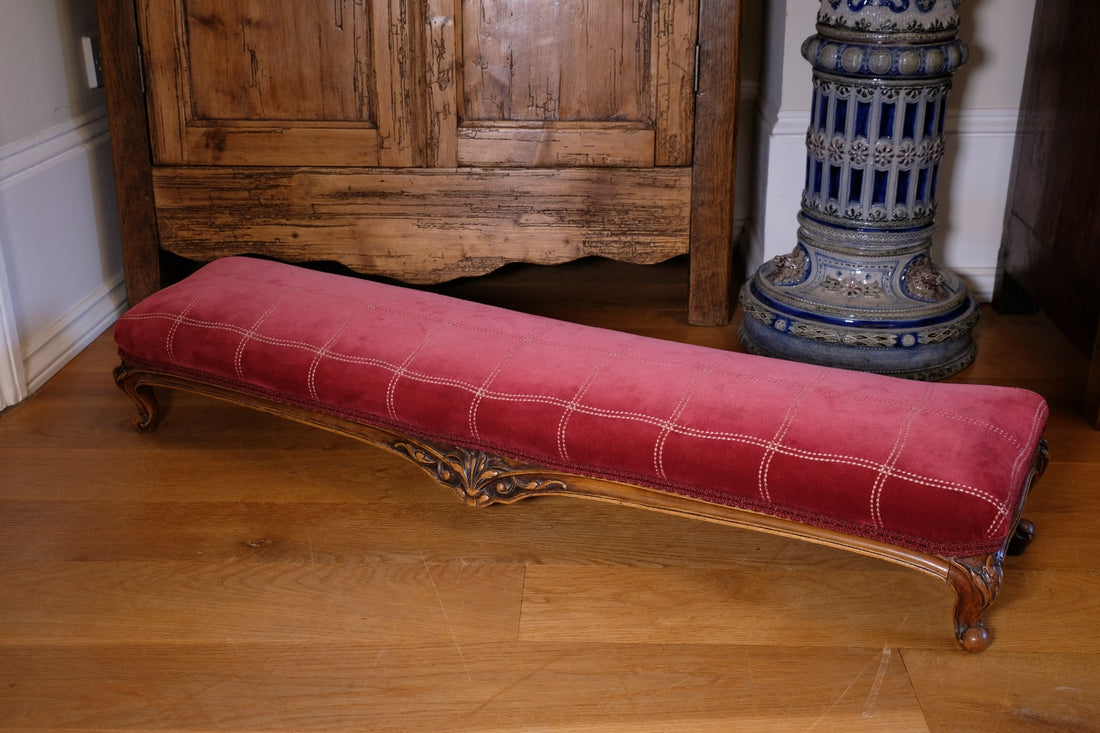 Early 1900's Carved Walnut Upholstered Foot Stool