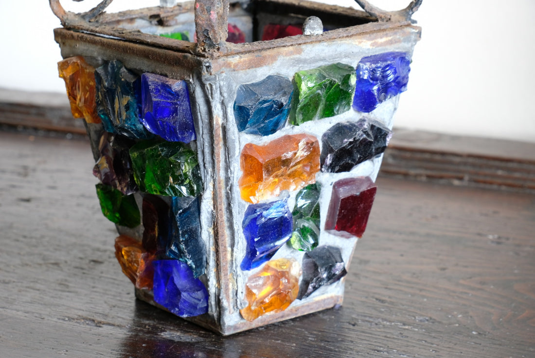 Cast Iron Multicoloured Chunk Glass Lantern