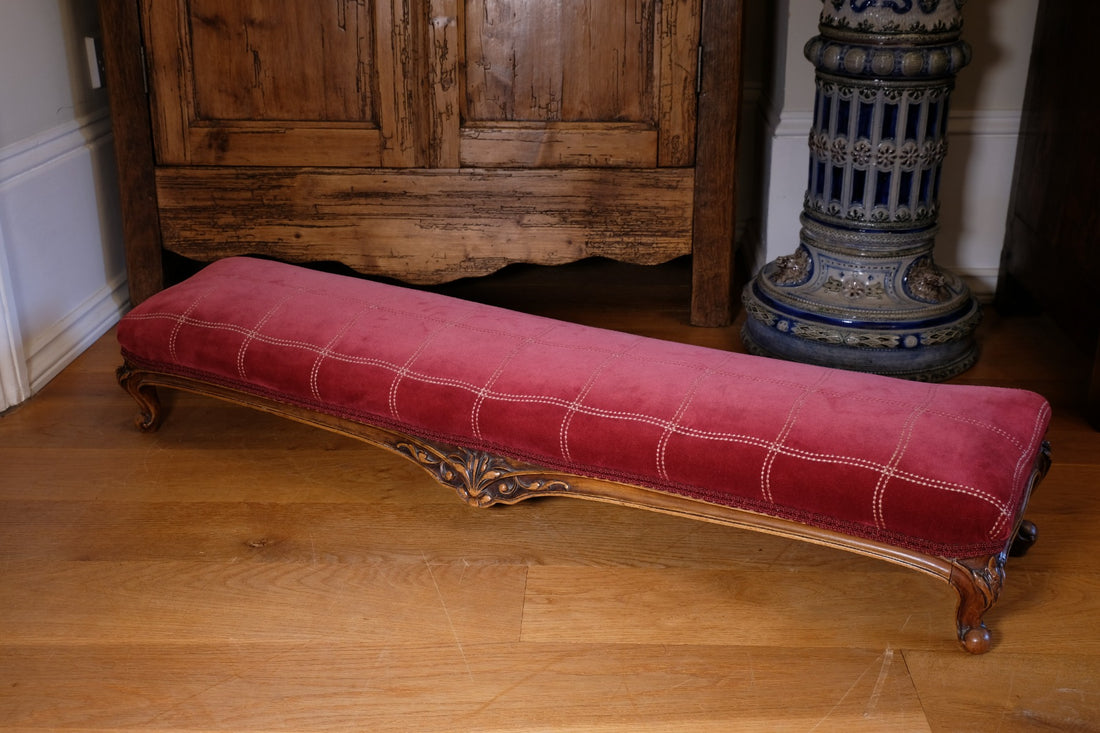 Early 1900's Carved Walnut Upholstered Foot Stool