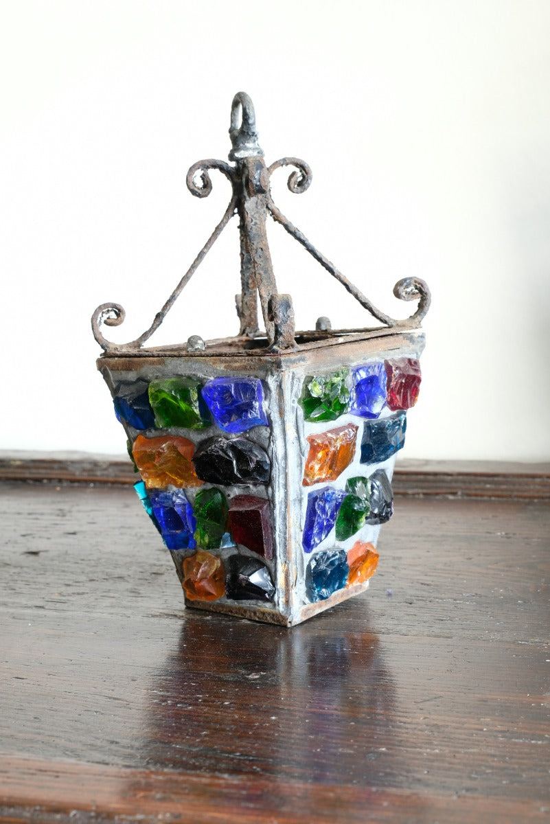 Cast Iron Multicoloured Chunk Glass Lantern