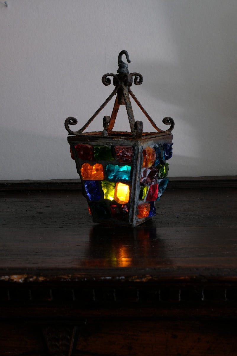 Cast Iron Multicoloured Chunk Glass Lantern