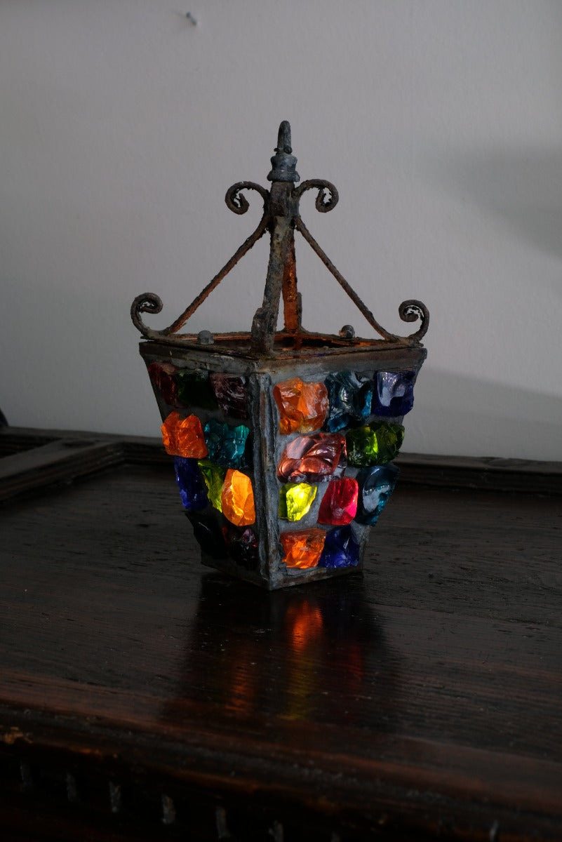 Cast Iron Multicoloured Chunk Glass Lantern