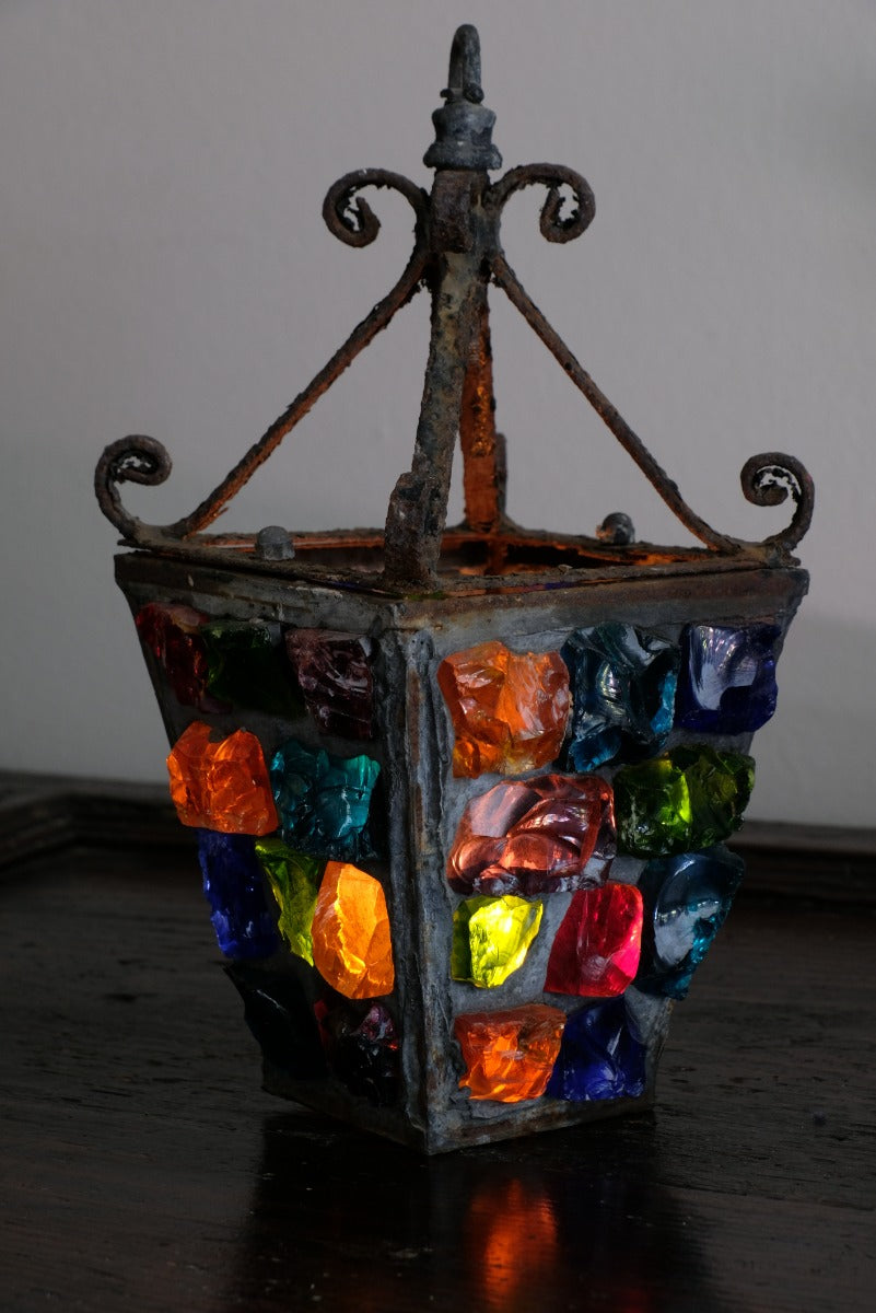 Cast Iron Multicoloured Chunk Glass Lantern