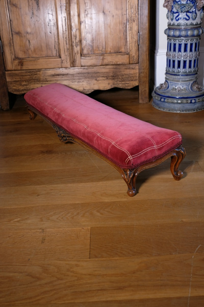 Early 1900's Carved Walnut Upholstered Foot Stool