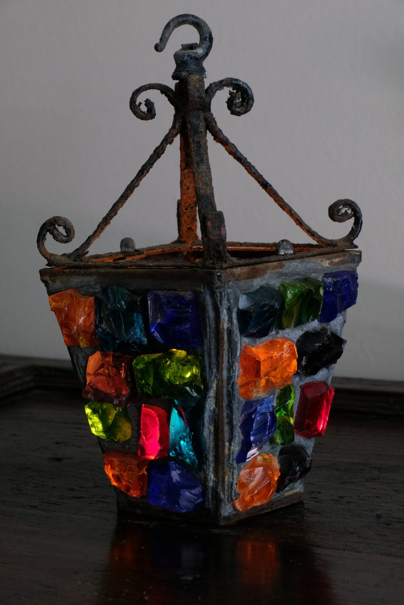 Cast Iron Multicoloured Chunk Glass Lantern