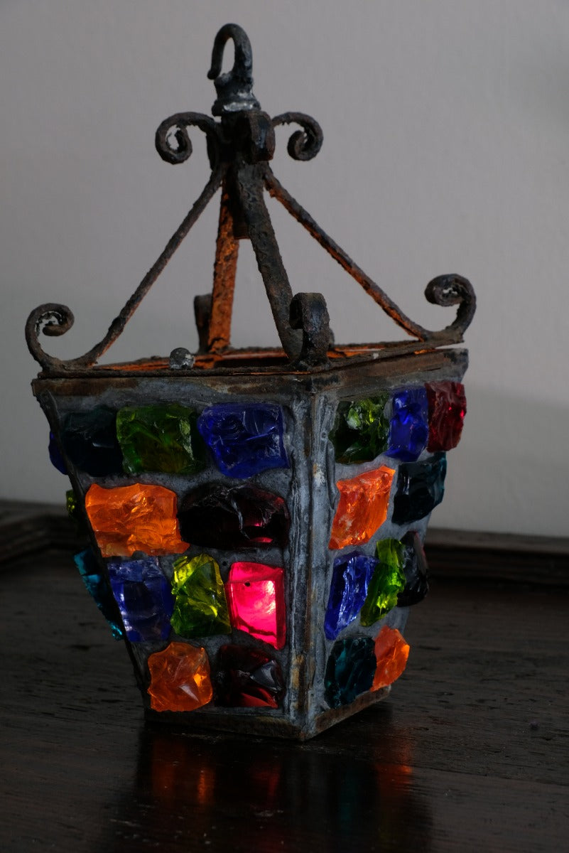 Cast Iron Multicoloured Chunk Glass Lantern