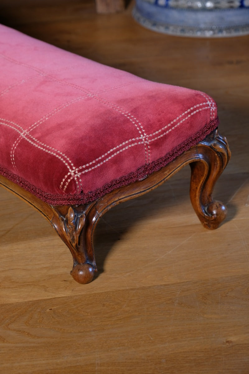 Early 1900's Carved Walnut Upholstered Foot Stool