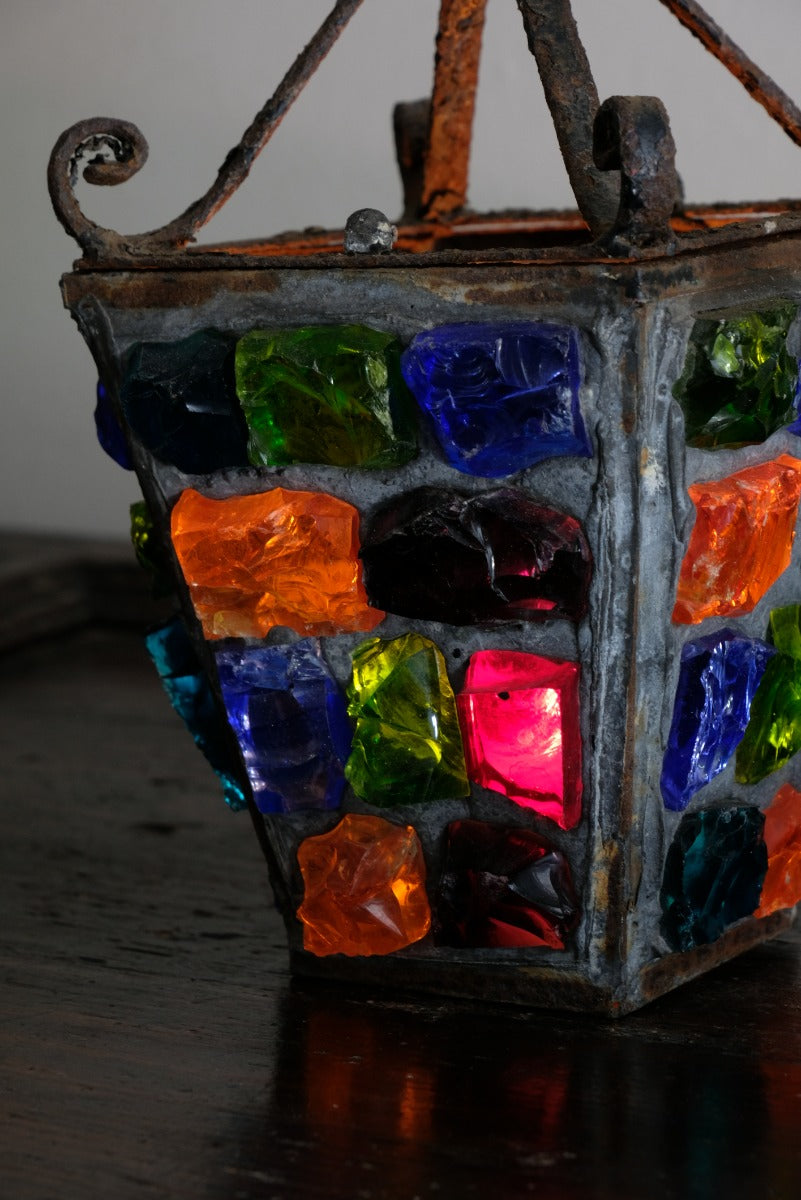 Cast Iron Multicoloured Chunk Glass Lantern