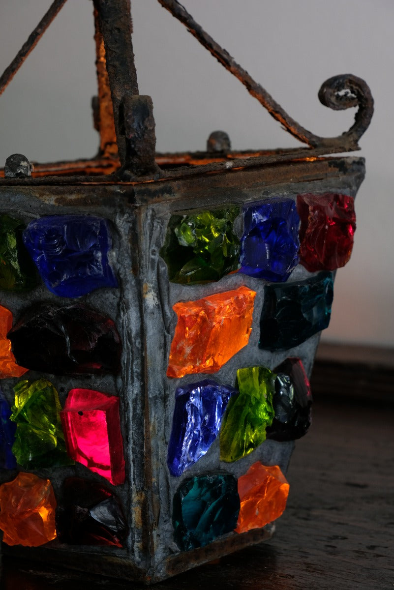 Cast Iron Multicoloured Chunk Glass Lantern