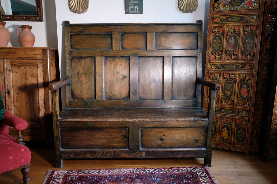 19th Century Oak Painted Panelled Settle With Storage