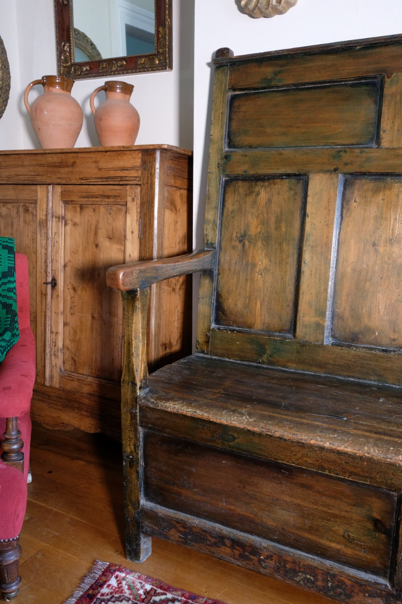 19th Century Oak Painted Panelled Settle With Storage