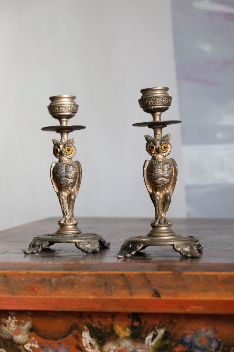 Pair Of Aesthetic Movement Owl Candle Sticks