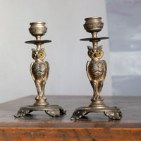 Pair Of Aesthetic Movement Owl Candle Sticks