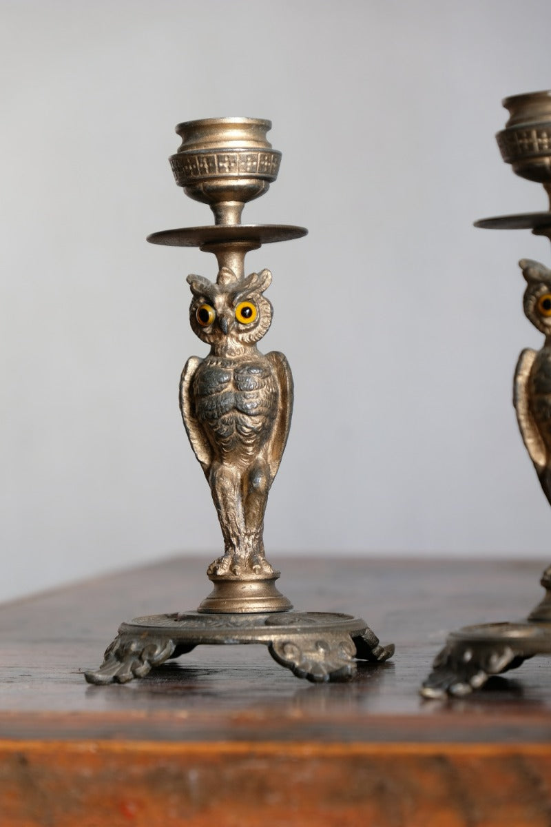 Pair Of Aesthetic Movement Owl Candle Sticks