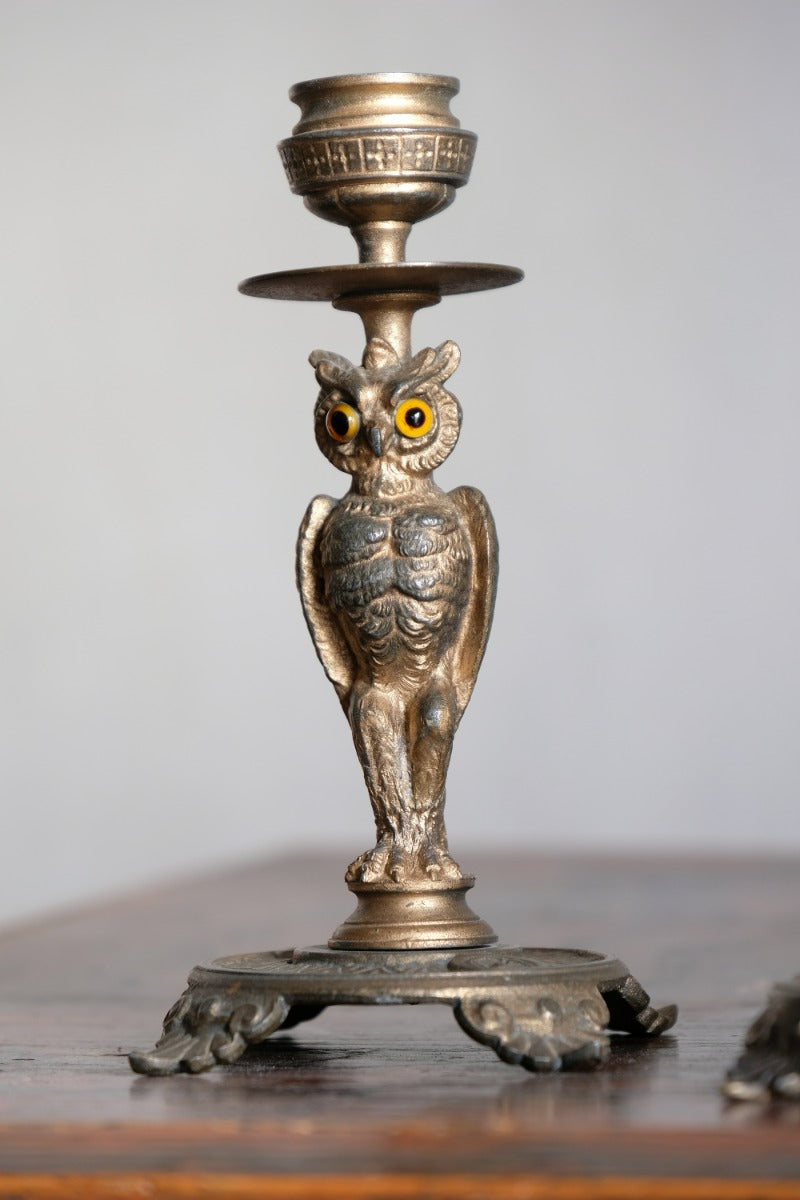 Pair Of Aesthetic Movement Owl Candle Sticks