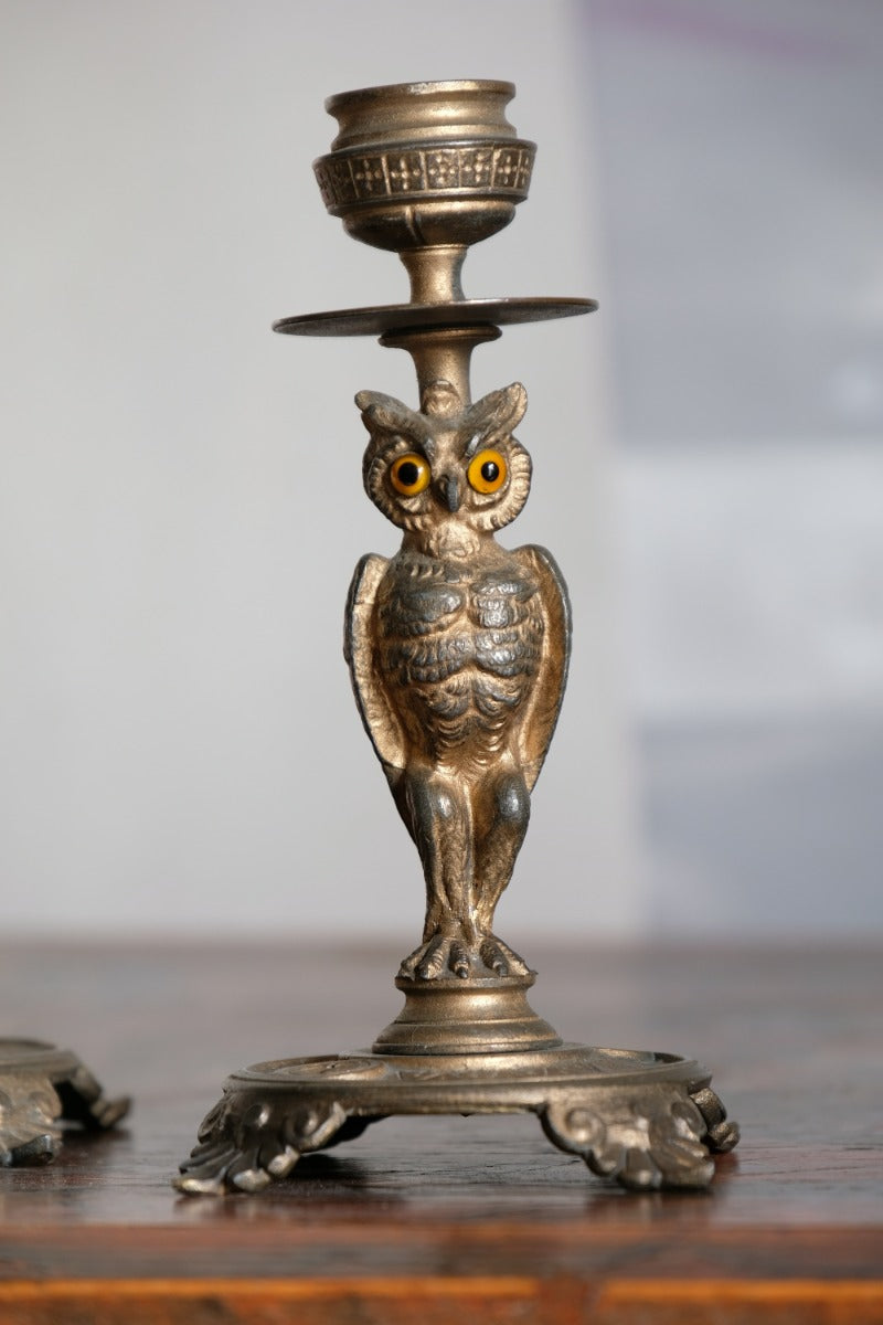 Pair Of Aesthetic Movement Owl Candle Sticks