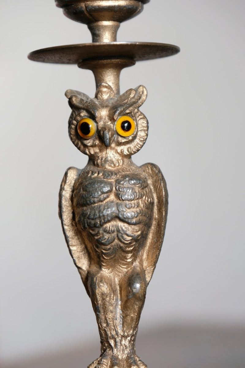 Pair Of Aesthetic Movement Owl Candle Sticks