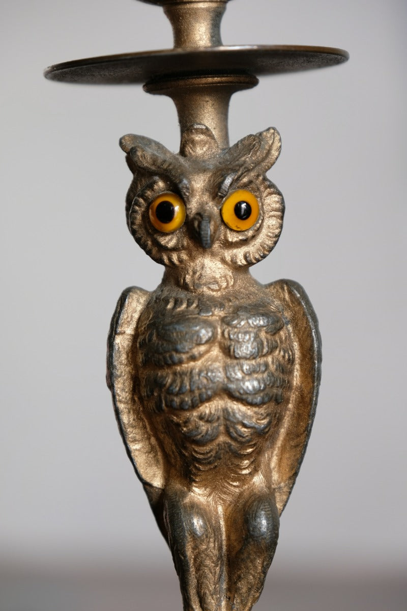 Pair Of Aesthetic Movement Owl Candle Sticks