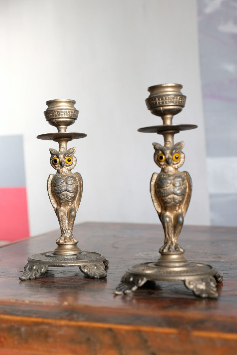 Pair Of Aesthetic Movement Owl Candle Sticks