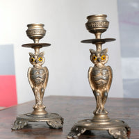 Pair Of Aesthetic Movement Owl Candle Sticks