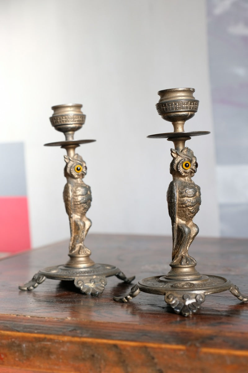 Pair Of Aesthetic Movement Owl Candle Sticks