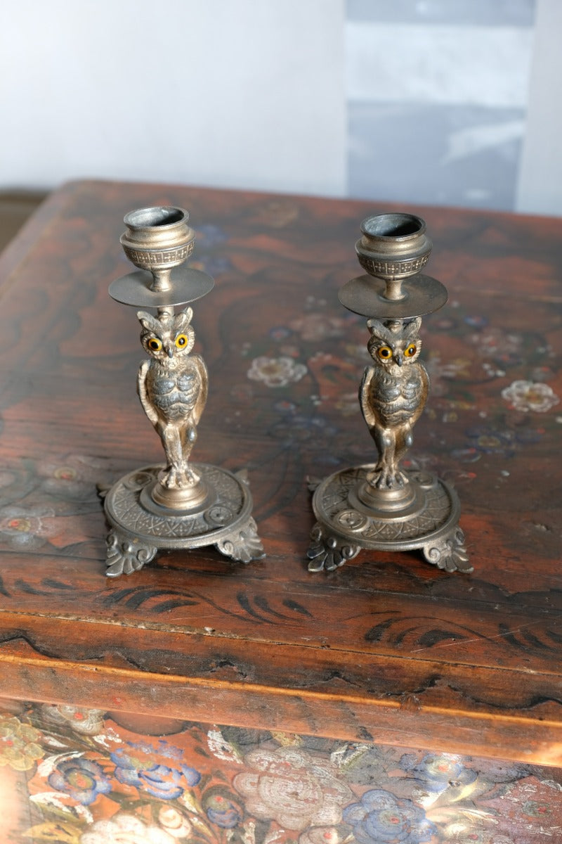 Pair Of Aesthetic Movement Owl Candle Sticks