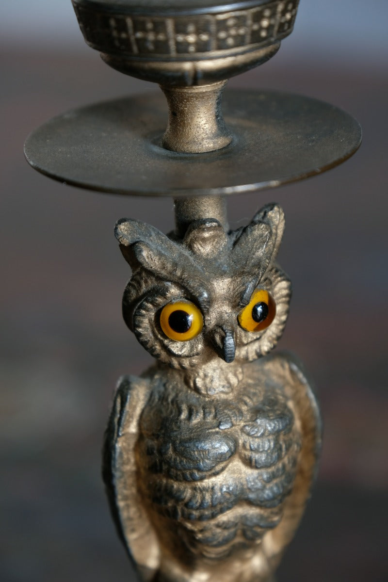 Pair Of Aesthetic Movement Owl Candle Sticks