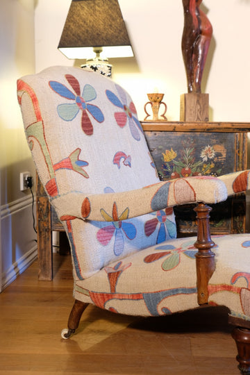 Country House Upholstered Armchair In A Suzani Kilim